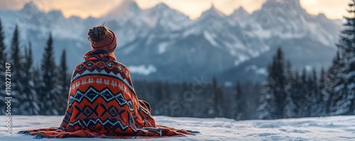 Woman wrapped in blanket admires scenic winter mountain view.