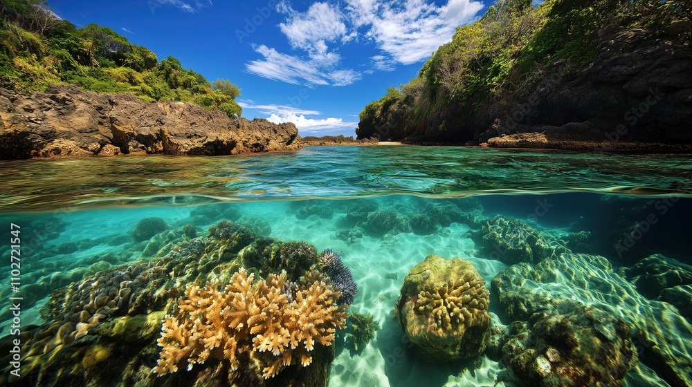 A beautiful underwater scene with a blue ocean and green coral. The water is clear and the coral is vibrant A beautiful underwater scene with a blue ocean and green coral. The water is clear and the coral is vibrant