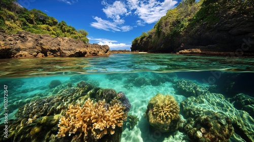 A beautiful underwater scene with a blue ocean and green coral. The water is clear and the coral is vibrant