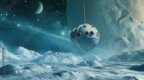 Advanced Spacecraft Hovering Over Uranus' Icy Terrain with Starry Background - Symbolizing Solar System Exploration