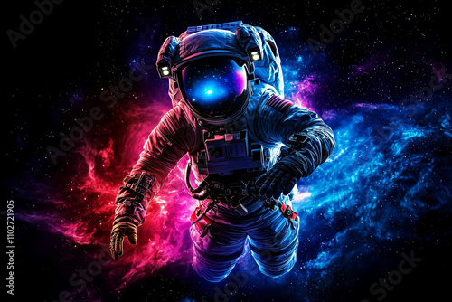 Empowering through technology. Exploring cosmos, astronaut floats in space, surrounded by vibrant colors and stars, evoking sense of wonder and adventure photo