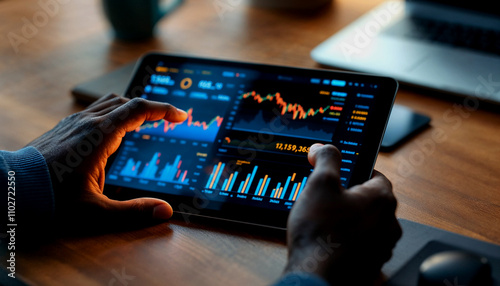 Finger touching using a tablet to online trading stock market.