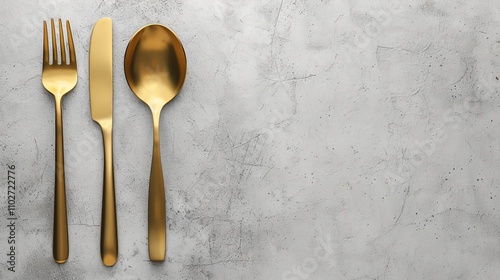 Three pieces of golden cutlery, including a fork, knife, and spoon, neatly laid on a textured concrete surface, exuding a sense of elegance and simplicity. AI generated.