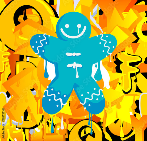 Gingerbread Man Christmas Cookie graffiti. Abstract modern street art decoration performed in urban painting style.