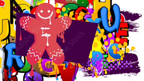 Gingerbread Man Christmas Cookie graffiti. Abstract modern street art decoration performed in urban painting style.