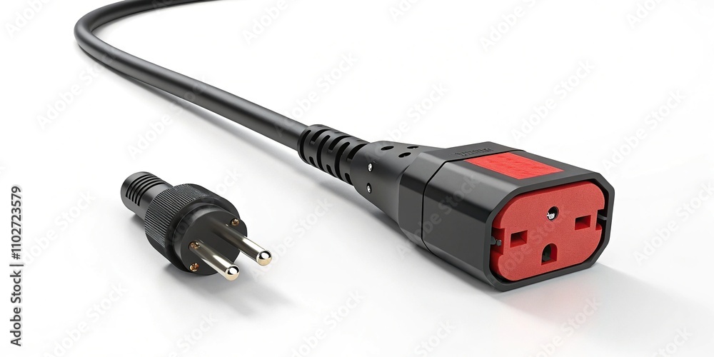 A long black extension cord with a bright red warning sign on its end, long black cord, illuminated cord protector, electrical hazard symbol, hazardous equipment tag, safety feature A long black extension cord with a bright red warning sign on its end, long black cord, illuminated cord protector, electrical hazard symbol, hazardous equipment tag, safety feature