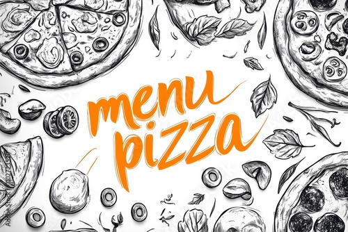 Pizza Collection with Ingredients, Hand Drawn Line Art Illustration, Delicious Toppings for Menu Design photo