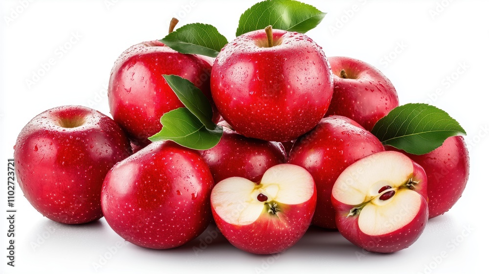 A pile of red apples with green leaves on top. One apple is cut in half. There are 9 apples in total A pile of red apples with green leaves on top. One apple is cut in half. There are 9 apples in total