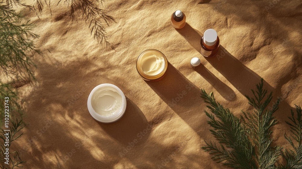 A serene arrangement of skincare products on a textured surface with natural elements. A serene arrangement of skincare products on a textured surface with natural elements.