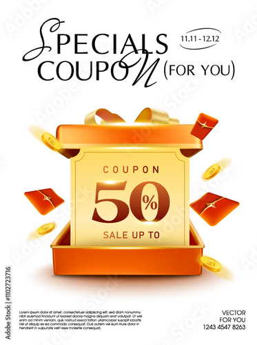 3d coupons, coins and lucky money flying out from opened red opened gift box, isolated on white background, shining effect. New gift voucher banner template in 3d vector. Vector illustration