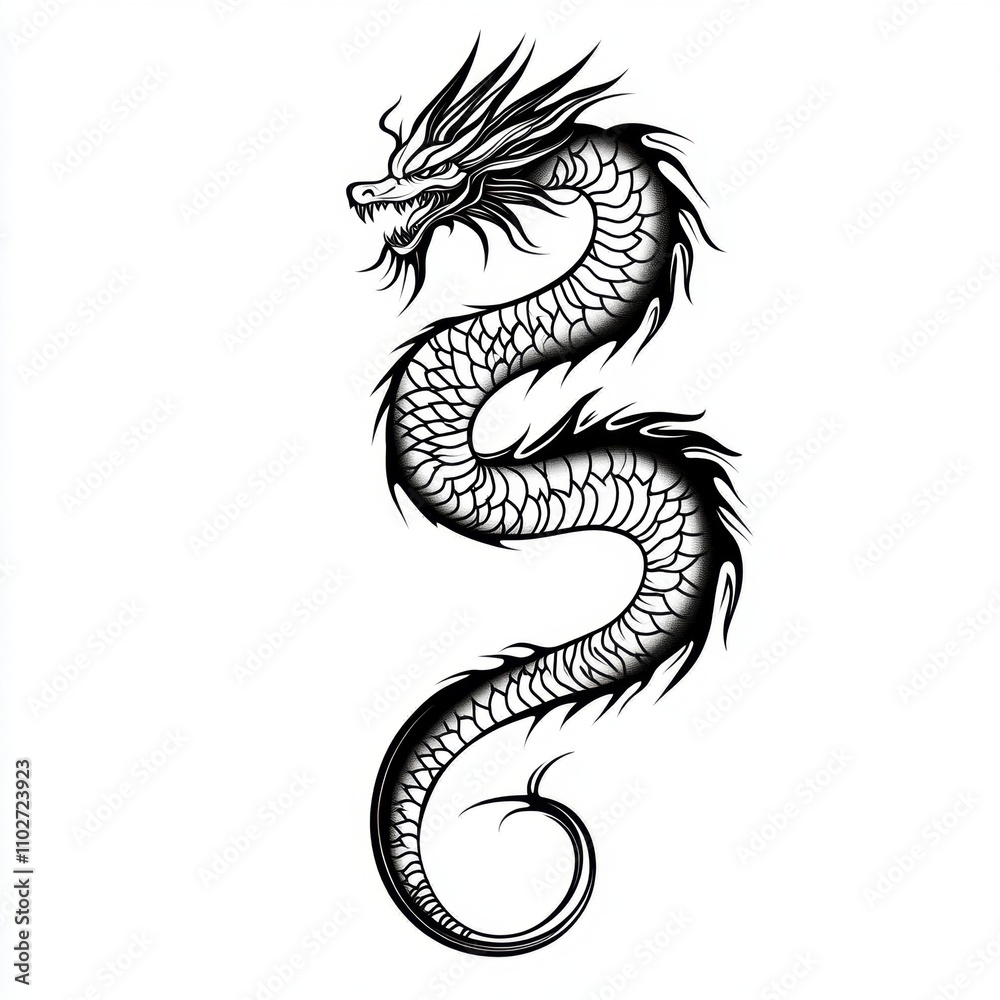 Obraz premium A stylized black and white illustration of a dragon.