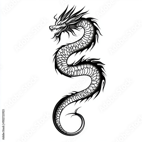 A stylized black and white illustration of a dragon.