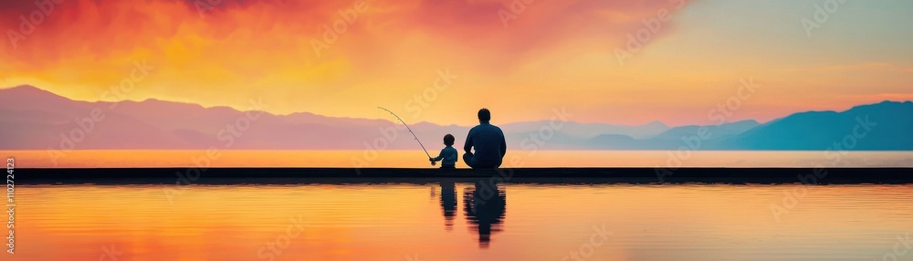 A serene sunset view of a person fishing with a child. A serene sunset view of a person fishing with a child.