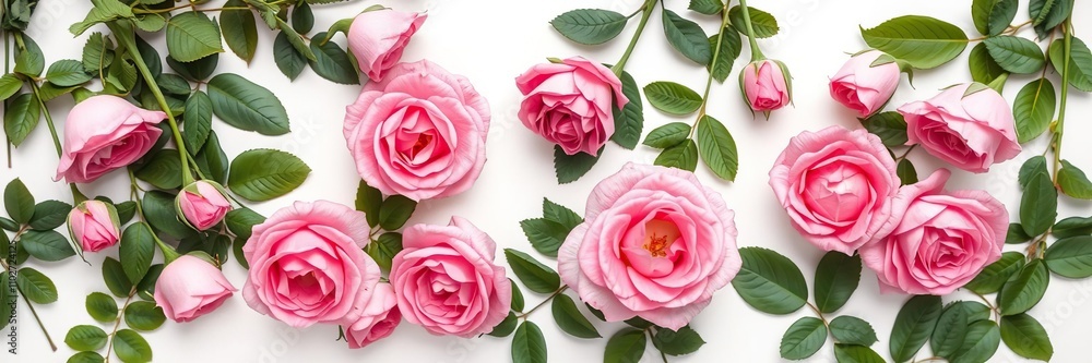 An assortment of beautiful pink roses in various stages of blooming surrounded by vibrant green leaves on a stark white surface, botanical image, mixed flowers An assortment of beautiful pink roses in various stages of blooming surrounded by vibrant green leaves on a stark white surface, botanical image, mixed flowers