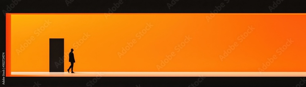A silhouette walking towards an orange door in a calm setting. A silhouette walking towards an orange door in a calm setting.