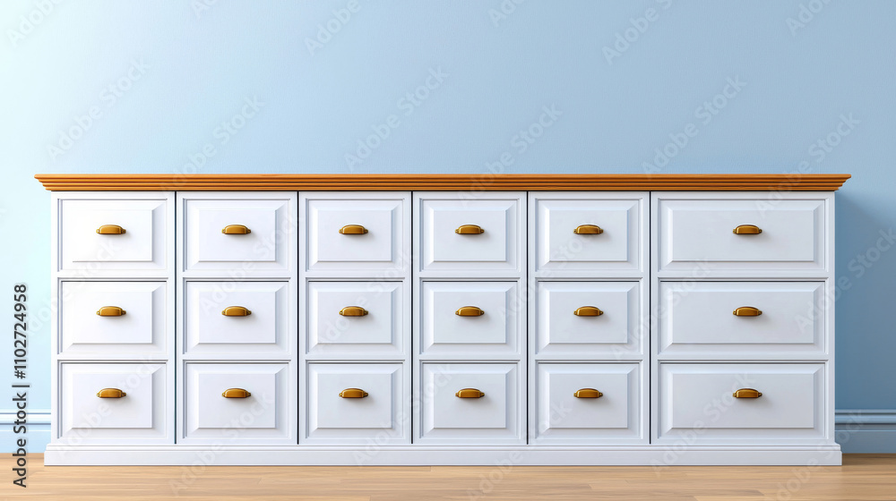 Fototapeta premium Symmetrical White Filing Cabinet with Wooden Top