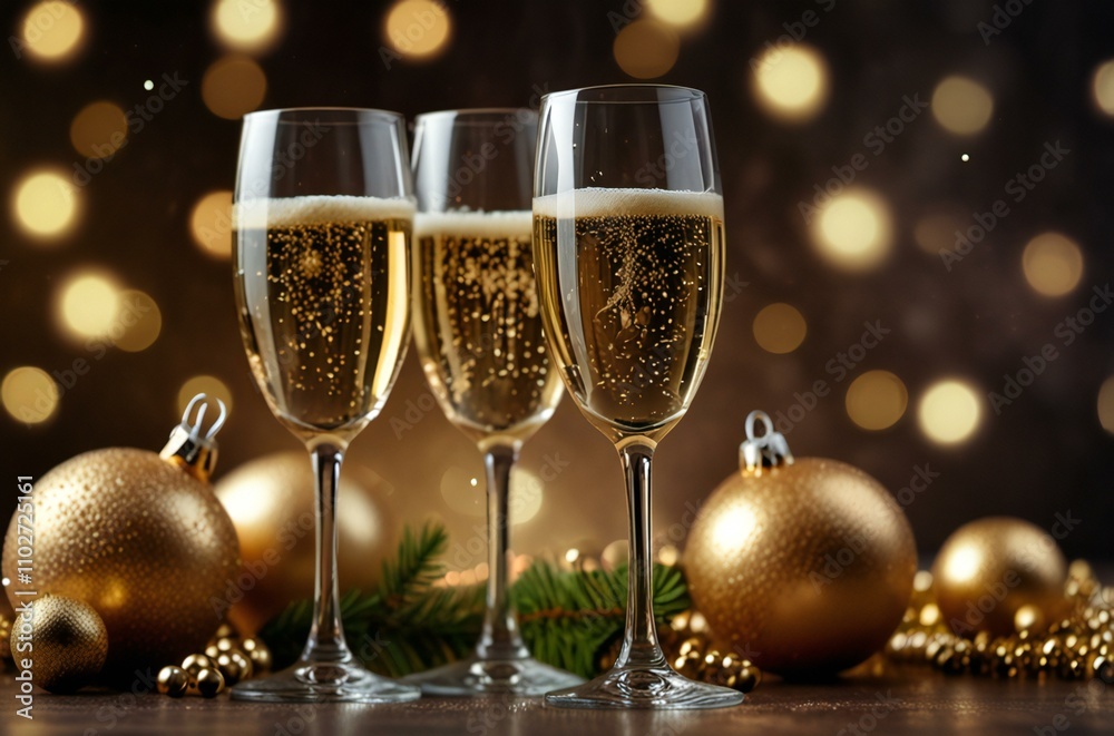champagne glasses and christmas decorations champagne glasses and christmas decorations