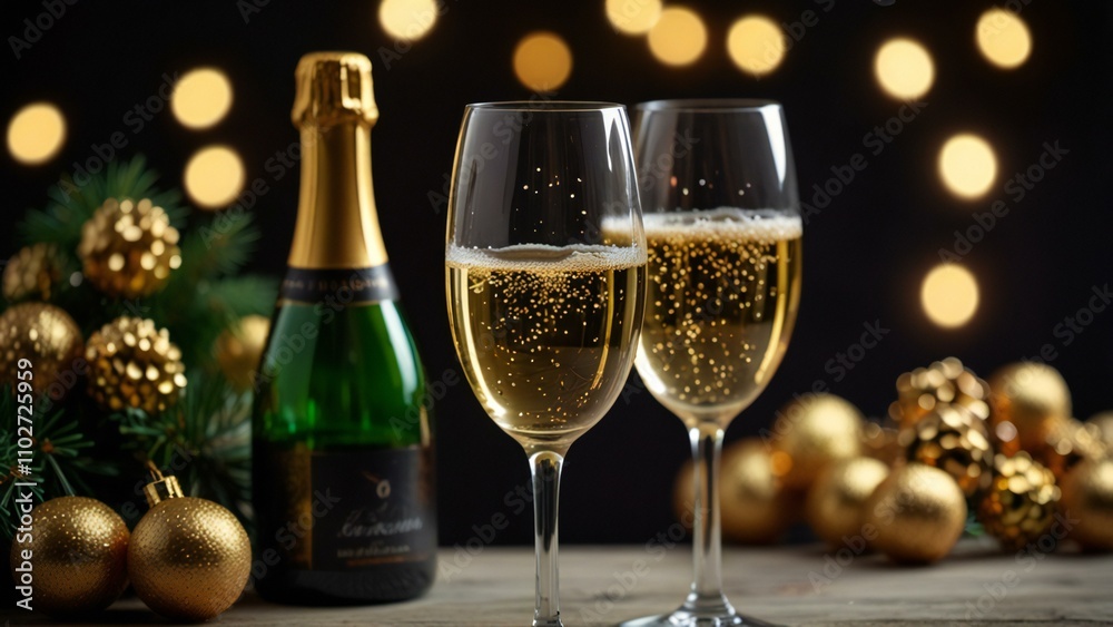 two glasses of champagne and christmas tree two glasses of champagne and christmas tree