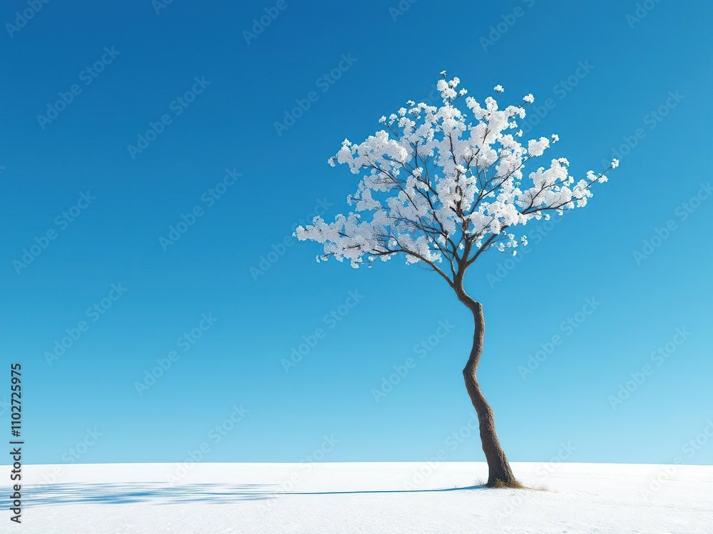 A solitary white blossom tree branch stands out against the vast expanse of a clear blue sky in late winter to early spring, early spring, outdoor view, clear blue sky A solitary white blossom tree branch stands out against the vast expanse of a clear blue sky in late winter to early spring, early spring, outdoor view, clear blue sky