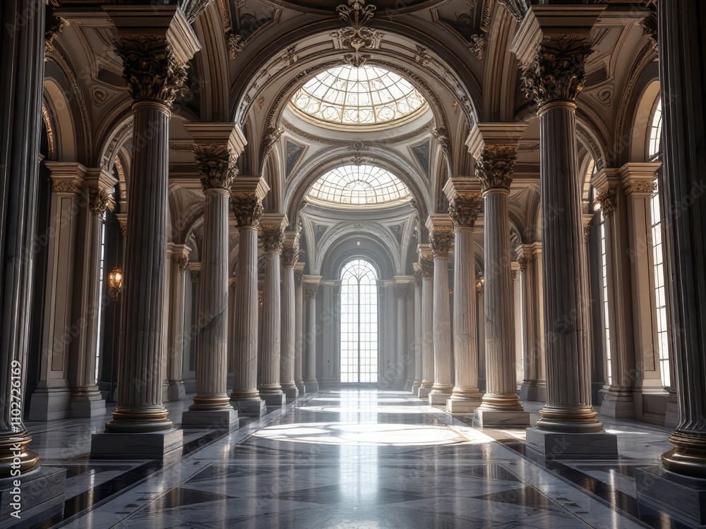 Night shot of ornate palace hallway, marble columns and arches. Night shot of ornate palace hallway, marble columns and arches.