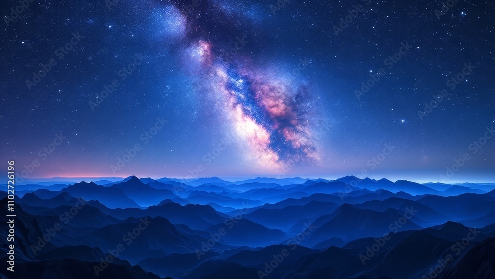 Night sky ablaze with the Milky Way above mountains.