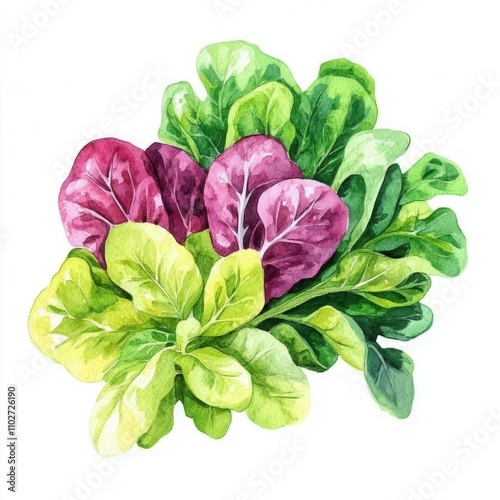 Colorful lettuce leaves watercolor painting of fresh mixed greens.