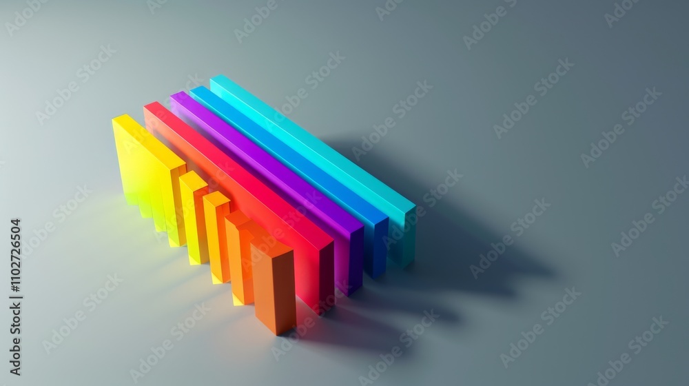 Obraz premium A sleek abstract 3D rendering of colorful rectangular blocks arranged in a descending gradient pattern. The vibrant colors and smooth design make it ideal for business, data visualization, and modern