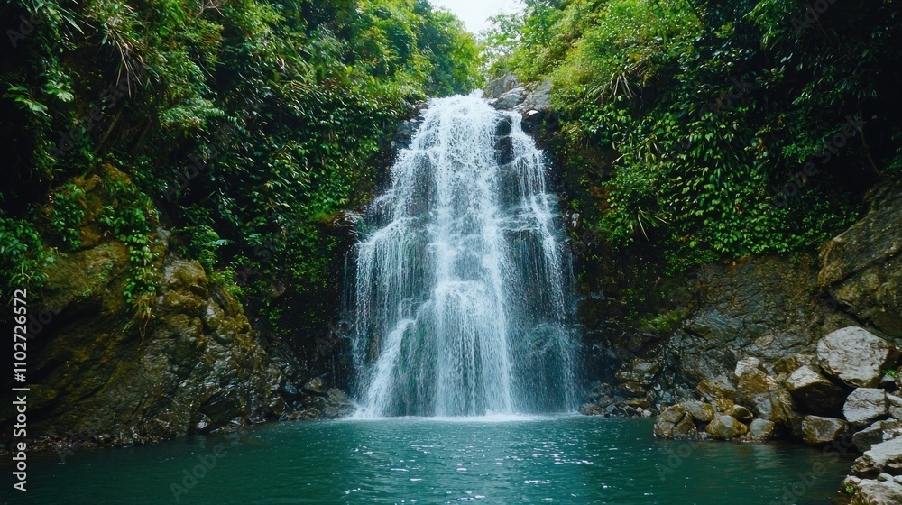 Isolated waterfall surrounded by nature, cascading down into a calm pool below Isolated waterfall surrounded by nature, cascading down into a calm pool below