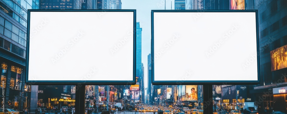 Empty digital billboards in a bustling cityscape, ready to advertise. Empty digital billboards in a bustling cityscape, ready to advertise.