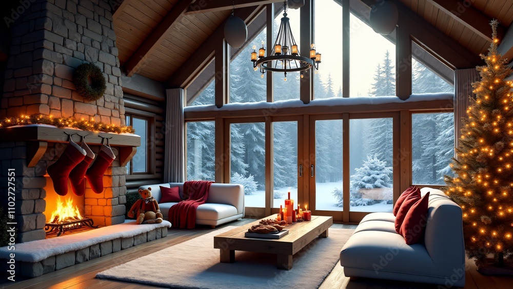 Cozy Christmas living room with a stone fireplace, lit tree, hanging stockings, comfy furniture, and large windows showcasing a snowy winter landscape.