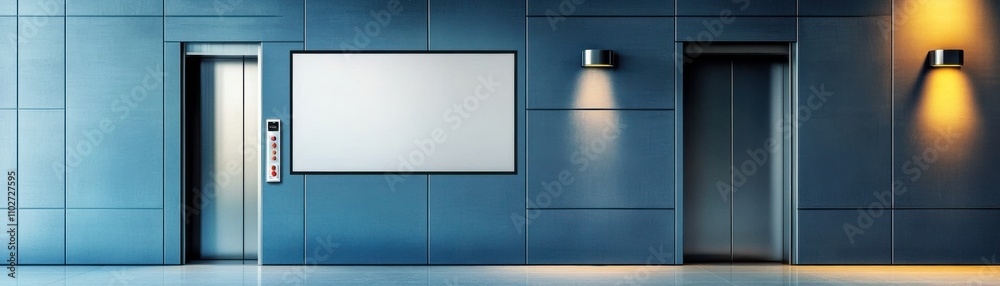 Modern elevator lobby with sleek blue walls and bright lighting. Modern elevator lobby with sleek blue walls and bright lighting.