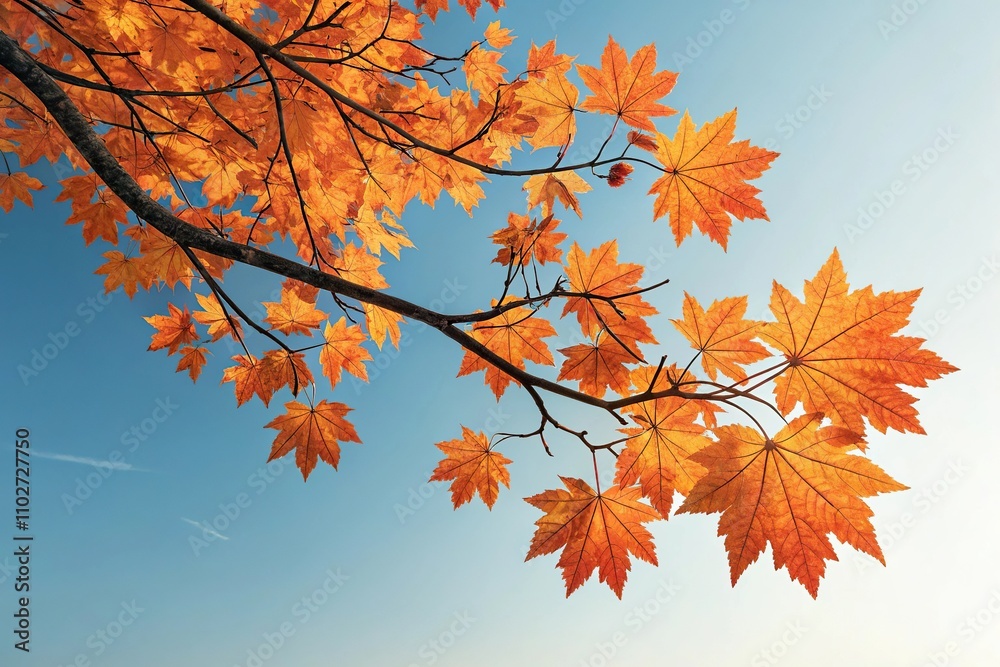 Branch with Orange Maple Leaves Against Blue Sky Background, fall foliage, blue sky Branch with Orange Maple Leaves Against Blue Sky Background, fall foliage, blue sky