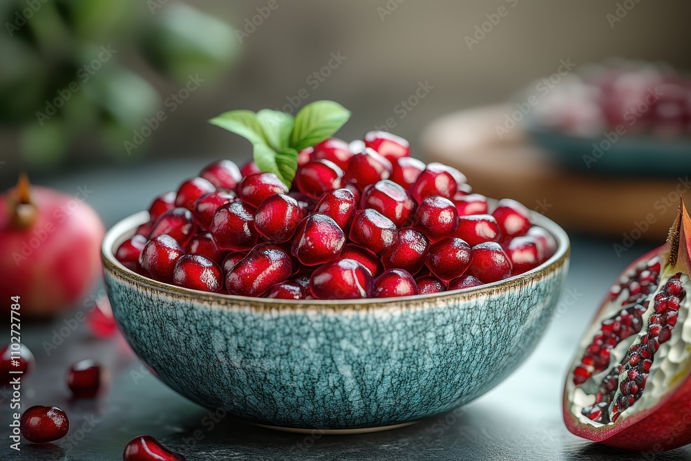 Peeled pomegranates displayed in a bowl with vibrant colors and detailed textures Peeled pomegranates displayed in a bowl with vibrant colors and detailed textures