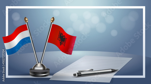 Netherlands and Albania Small national flag on bokeh background, cooperative relationship
