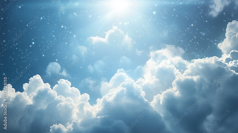 The sky is blue with clouds and stars. The stars are scattered throughout the sky. The clouds are white and fluffy The sky is blue with clouds and stars. The stars are scattered throughout the sky. The clouds are white and fluffy
