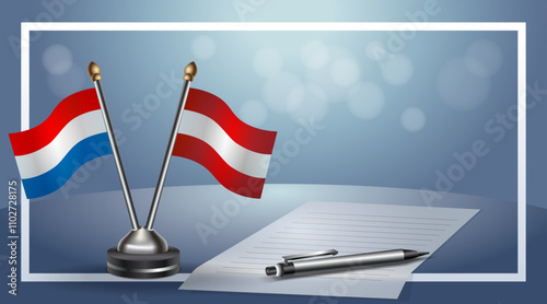 Netherlands and  Small national flag on bokeh background, cooperative relationship