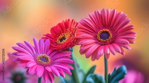 Three pink flowers are in a vase. The flowers are in a bright, colorful setting. The flowers are arranged in a way that makes them look like they are standing tall and proud