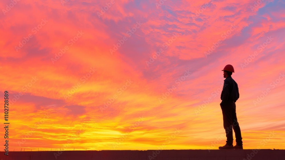 Silhouette of a worker enjoying a vibrant sunset view. Silhouette of a worker enjoying a vibrant sunset view.