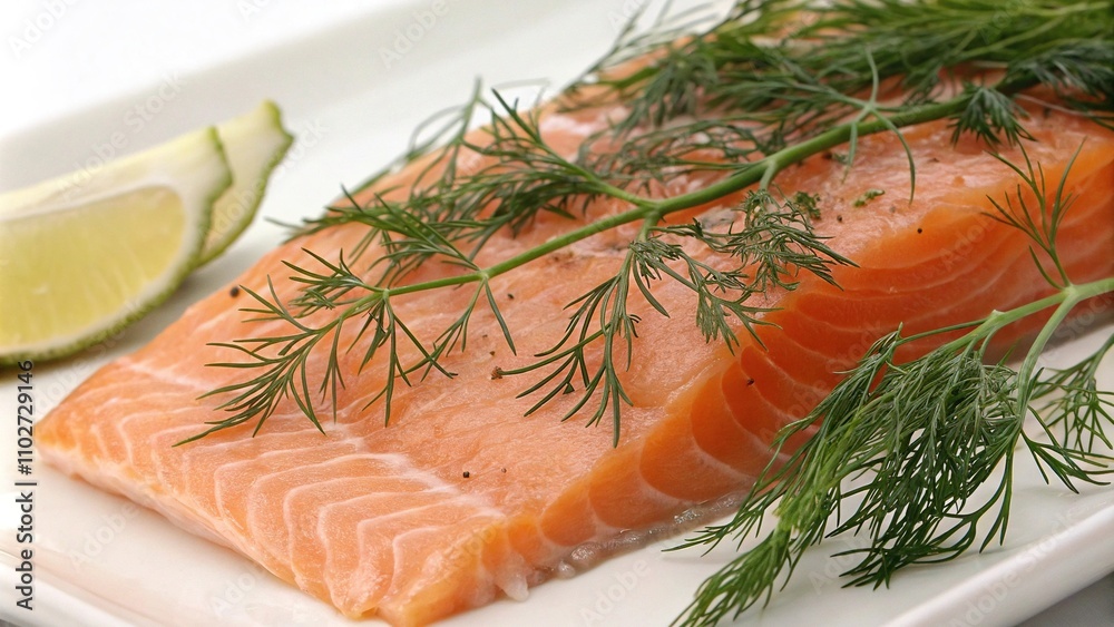 Close-up of dill on top of salmon fillet, delicious additions, garnish Close-up of dill on top of salmon fillet, delicious additions, garnish