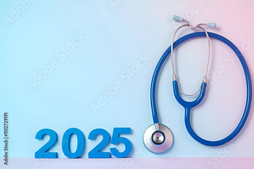 Blue stethoscope and numbers 2025 on pastel background. The concept of health care in the New Year. Selective focus, copy space
