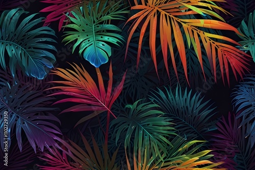 Tropical palm leaves in vibrant neon gradient, holographic colors. minimal art concept. Generative AI