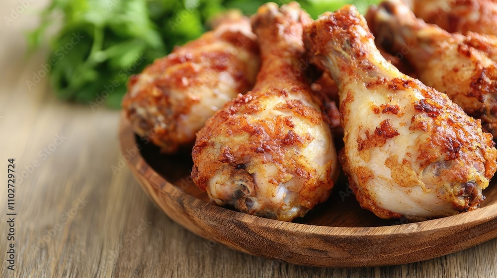 Delicious chicken drumsticks served on a wooden plate with fresh herbs. Delicious chicken drumsticks served on a wooden plate with fresh herbs.
