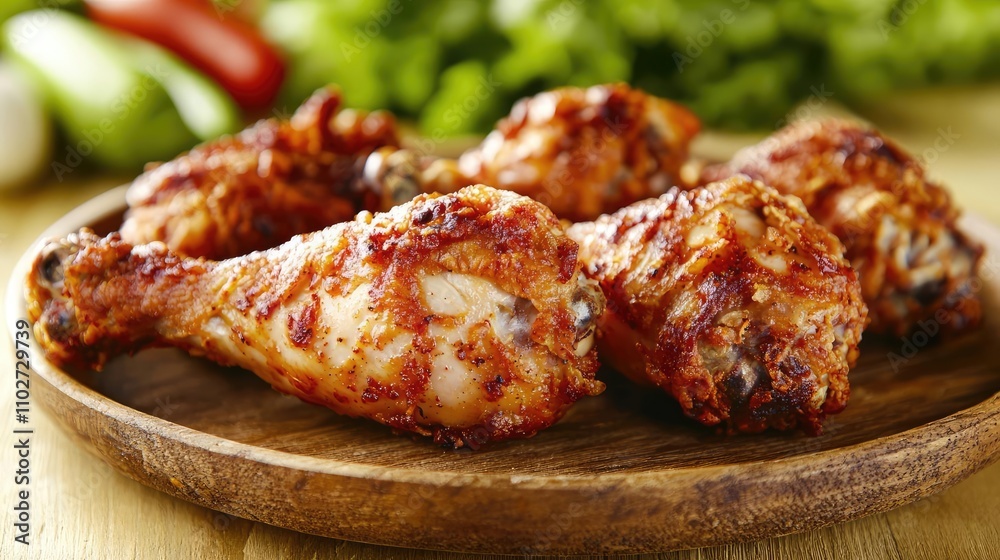 Delicious roasted chicken drumsticks on a wooden plate with fresh herbs. Delicious roasted chicken drumsticks on a wooden plate with fresh herbs.