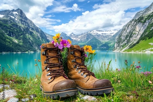 Hiking Adventure by the Turquoise Lake in the Mountains photo