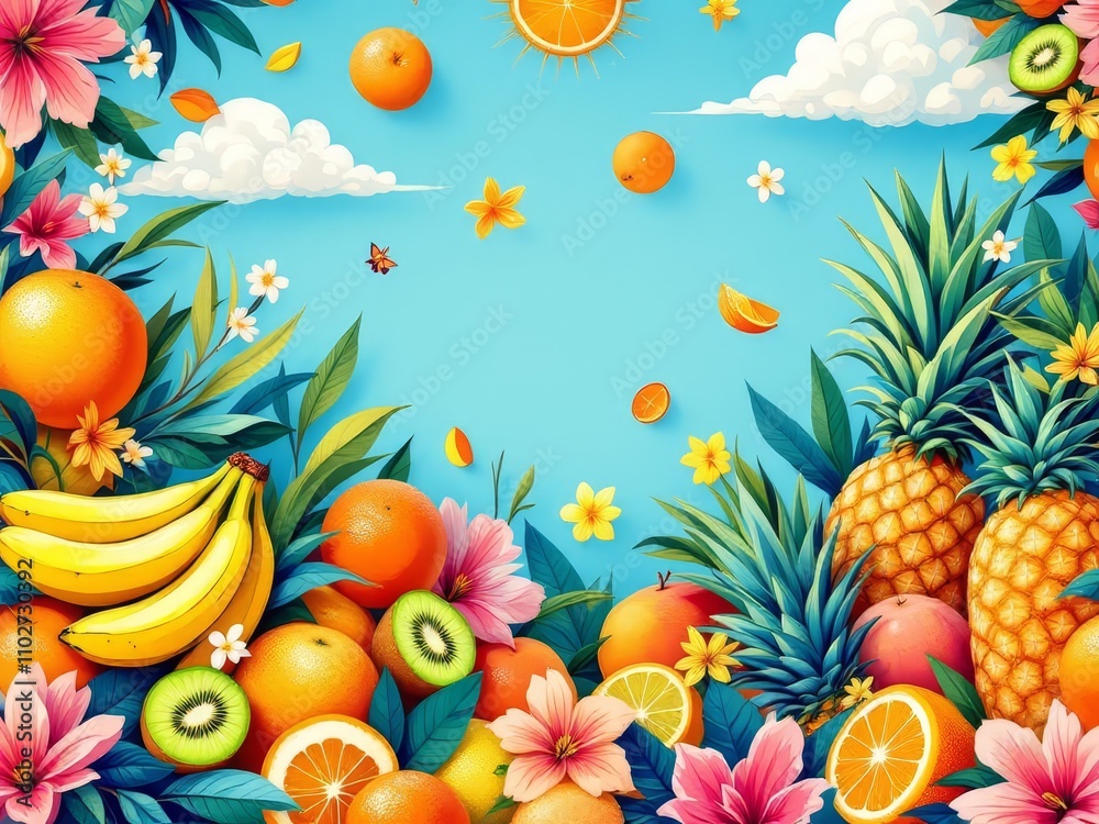 Summer fruits, vibrant and retro, a seamless drone shot design. Summer fruits, vibrant and retro, a seamless drone shot design.