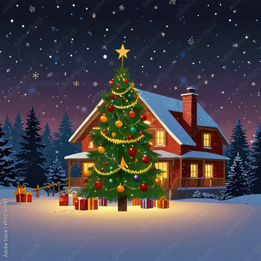 Obraz premium Christmas tree and house