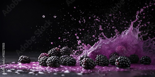 Dark berry splash on a dark black background with vibrant purple undertones and slight gradient effect, , foodphotography, , fruitlover photo