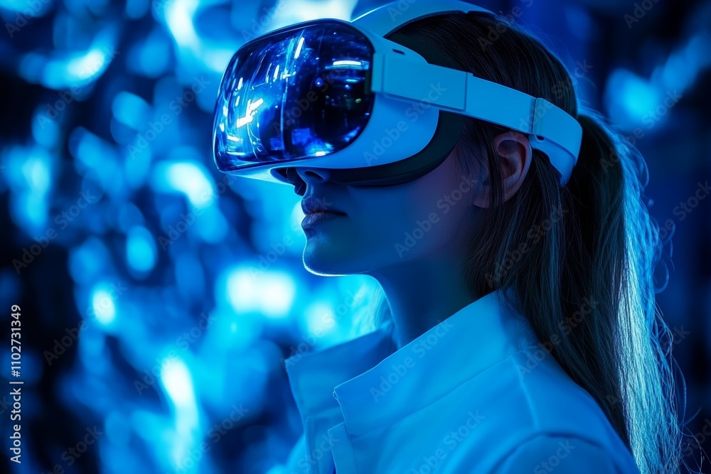 Woman in White Lab Coat Wearing VR Headset in Futuristic Science Lab with Serious Expression and Blue Light Woman in White Lab Coat Wearing VR Headset in Futuristic Science Lab with Serious Expression and Blue Light