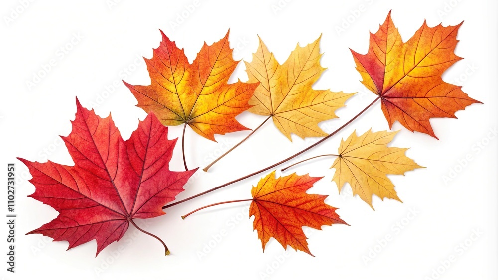 Display of colorful autumn leaves in a loose asymmetrical arrangement against a plain white background, yellow tones, nature backdrop, asymmetry, colorful foliage Display of colorful autumn leaves in a loose asymmetrical arrangement against a plain white background, yellow tones, nature backdrop, asymmetry, colorful foliage