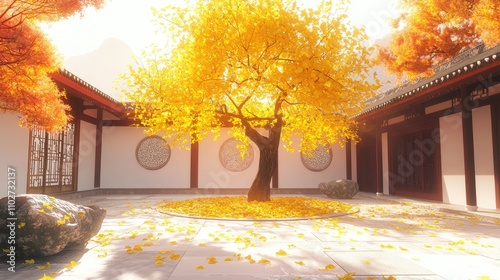 Chinese classical courtyard, a ginkgo tree in the courtyard, autumn, warm yellow tone, strong light contrast, rich colors, light pursuit animation, Junxi  photo